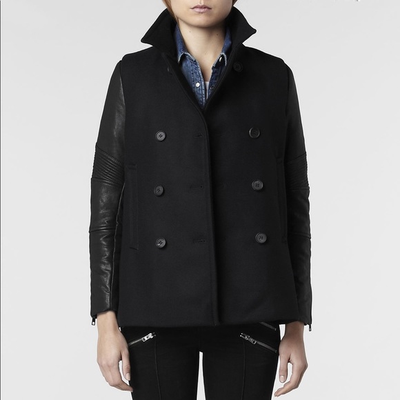 All Saints Zaskia Pea Coat Navy Wool Black Leather Sleeves Double Breasted 8 S